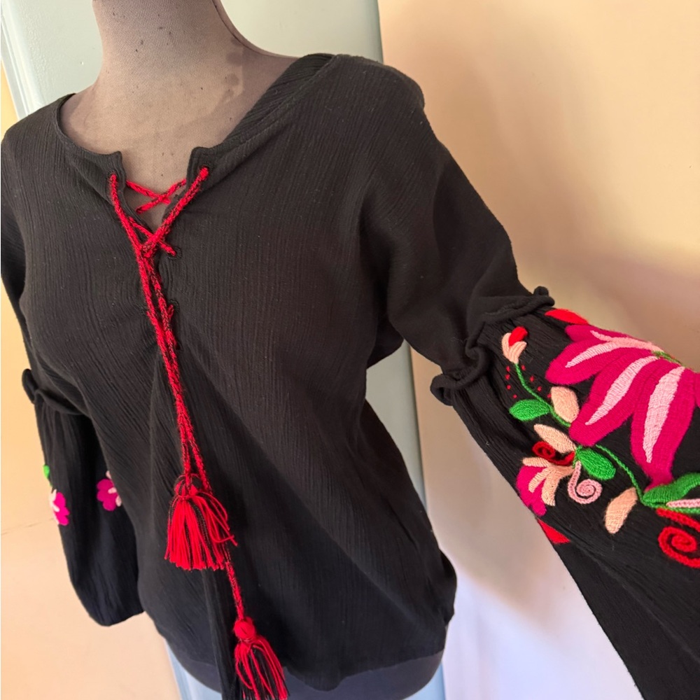 Red and Black Embellished bell Sleeve Blouse with Tie Front. Sensi Studio